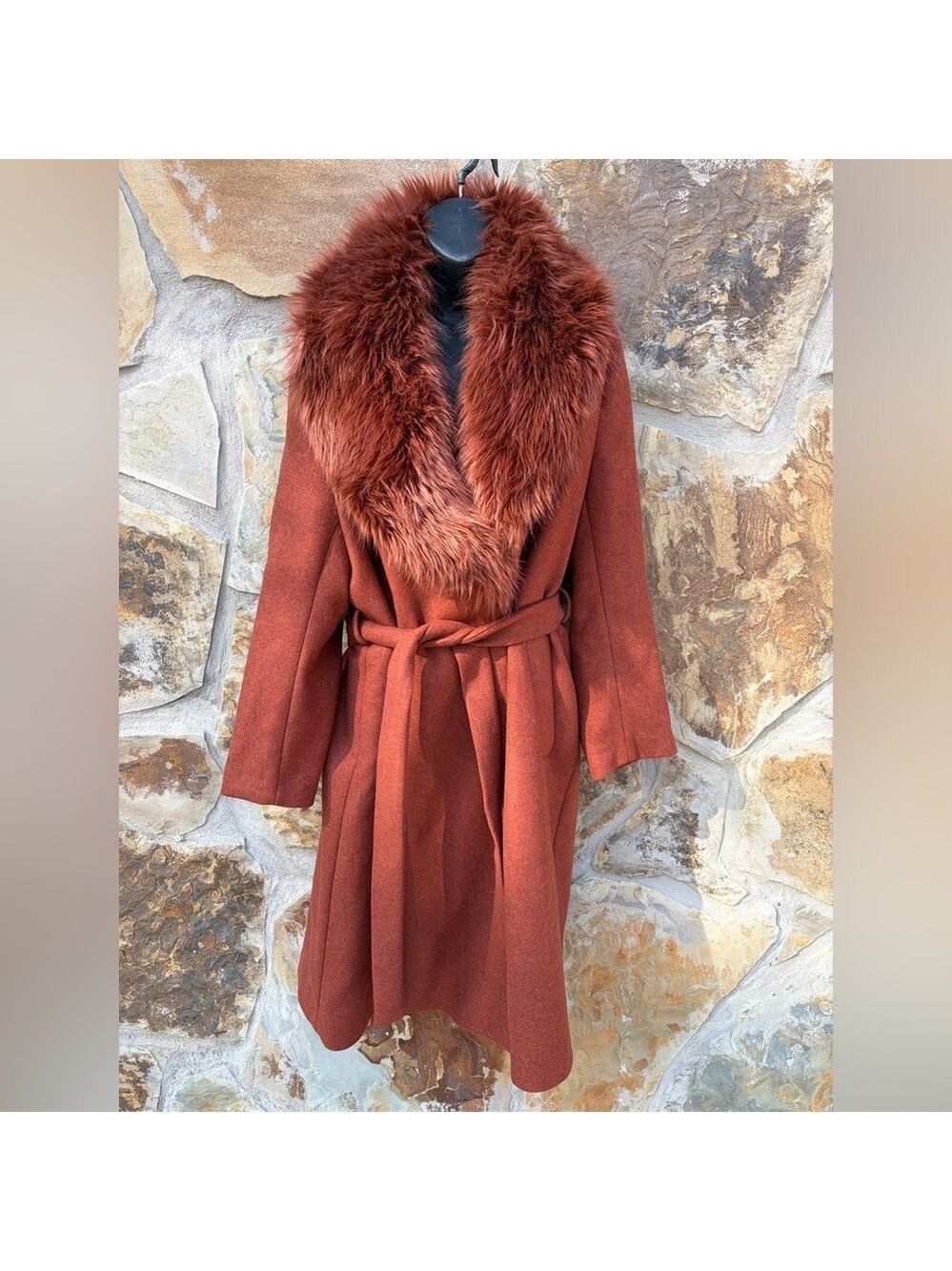Zara Manteco Wool Penny Lane Faux Fur Collar Trench Wrap Coat Size 16 Rust - Picture 2 of 12